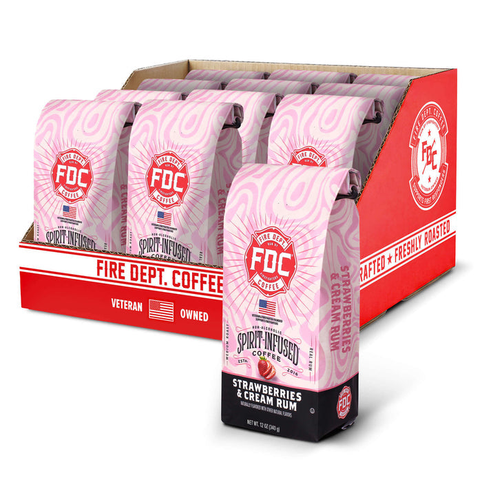 Display of Fire Dept. Coffee Strawberry & Cream Rum coffee packages with a red box.
