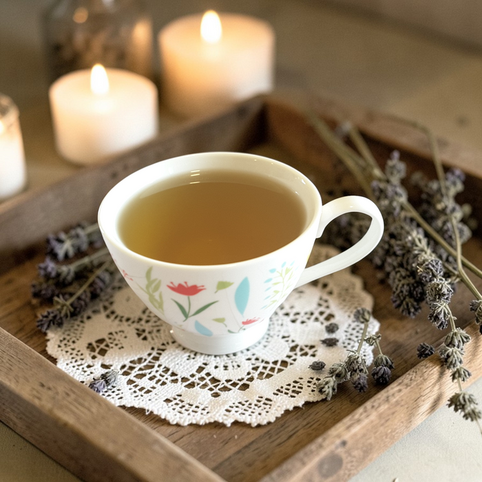 Strength & Boundaries Emotional Wellness Tea on a wooden tray with lavender and candles in the background