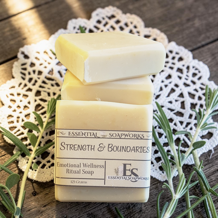 Strength & Boundaries Emotional Wellness Soap on a white doily, surrounded by green leaves on a wooden surface.
