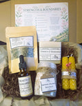 Strength & Boundaries Emotional Balance Ritual Kit with soap, candles, tea blend and bath salts in a box