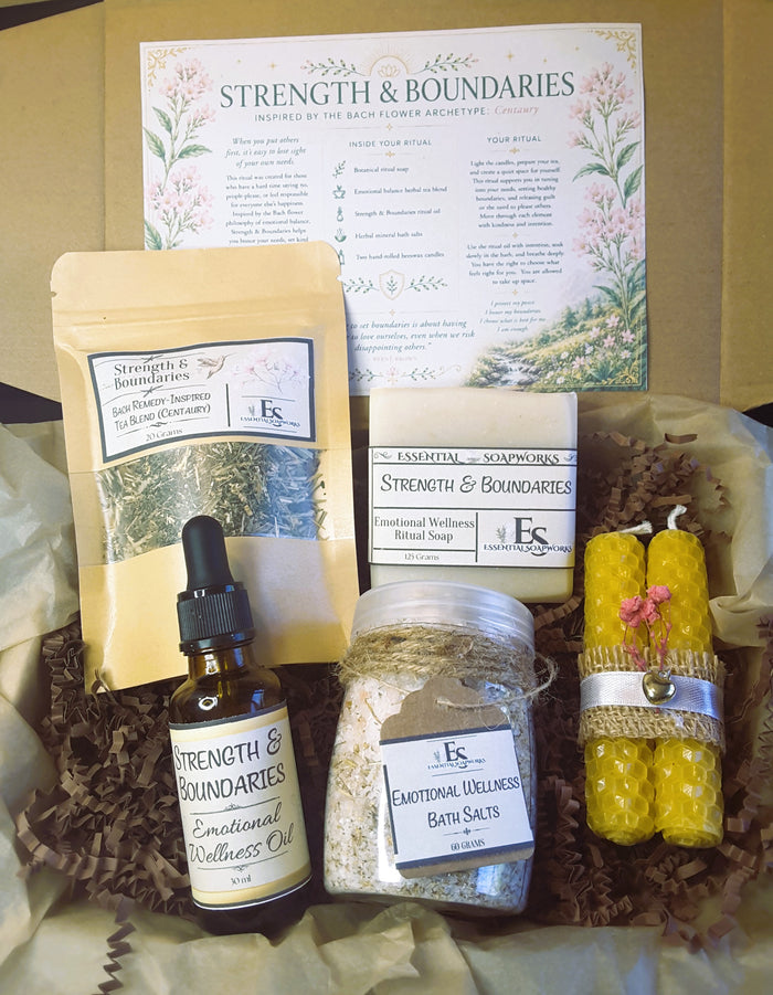 Strength & Boundaries Emotional Balance Ritual Kit with soap, candles, tea blend and bath salts in a box