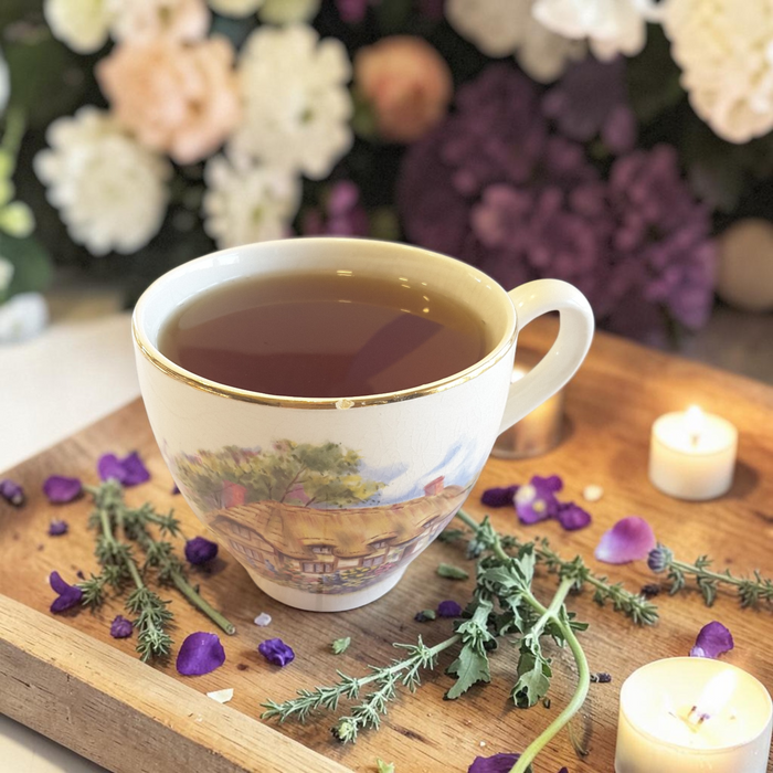 Temple Garden tea blend with floral and candle decoration on a wooden board