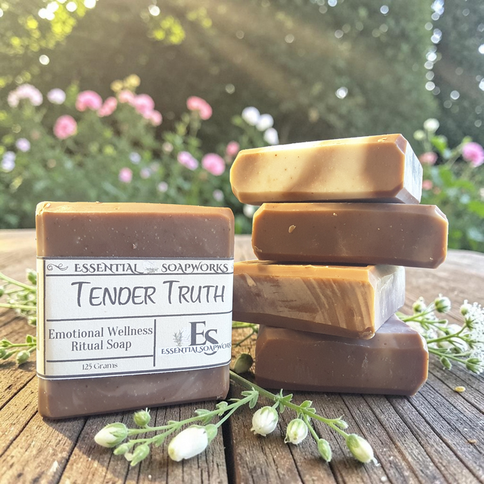 Tender Truth Emotional Wellness Soap on a wooden surface with flowers in the background