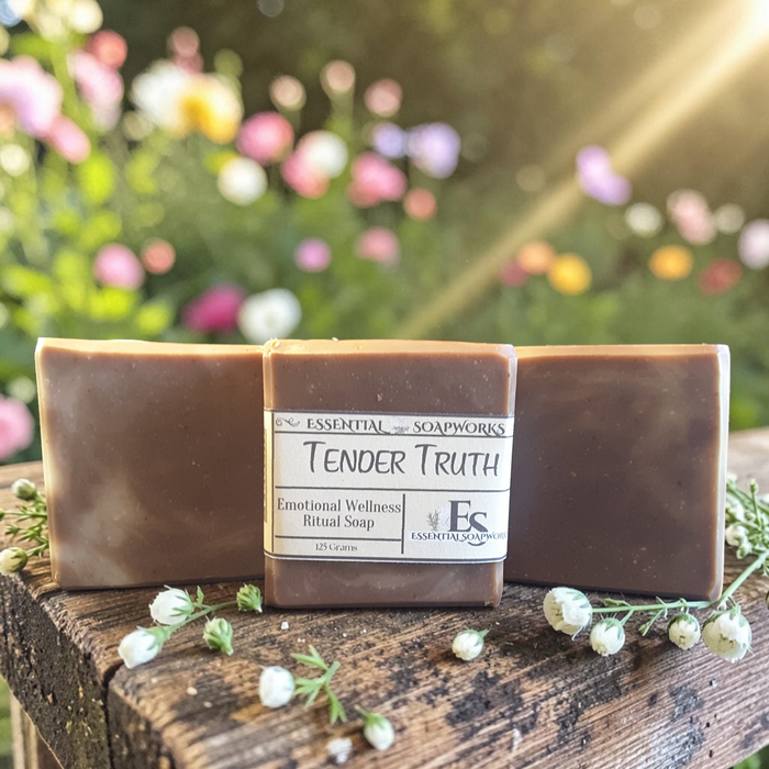 Tender Truth Emotional Wellness Soap on a wooden surface with flowers in the background