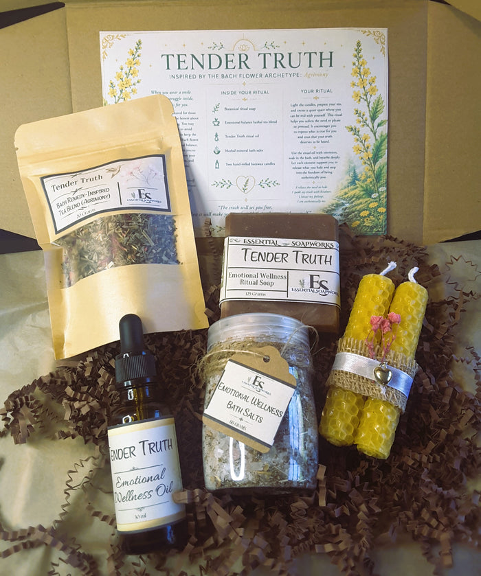 Tender Truth Emotional Balance Ritual Kit with soap, tea blend, essential oil, bath salts and candles in a box
