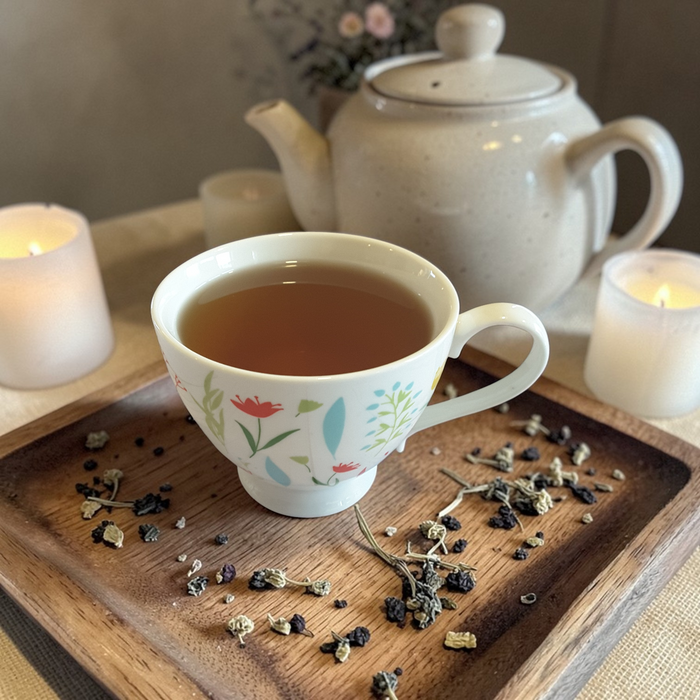 Tender Truth - Honesty & Presence Tea Blend on a wooden tray with teapot and candles