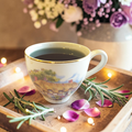third eye tea on a wooden tray with rosemary and petals, blurred flowers in the background