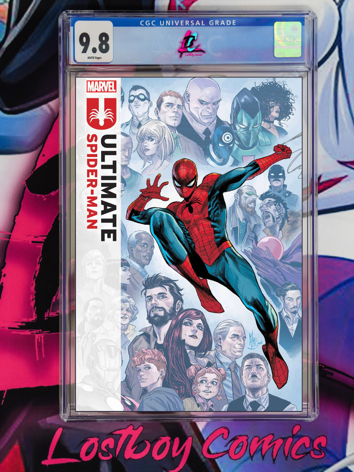 Comic book cover featuring Spider-Man with a CGC grading label on a colorful background
