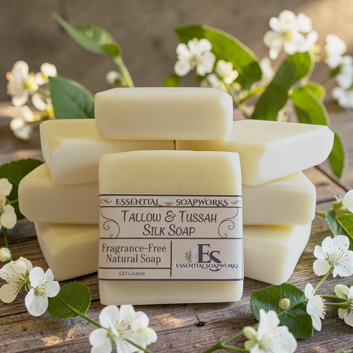 unscented tallow soap on a wooden surface with green leaves and white flowers