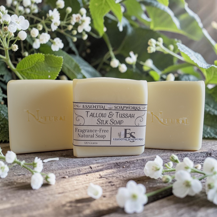 unscented tallow soap on a wooden surface with green leaves and white flowers