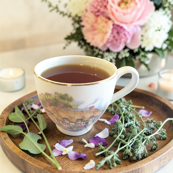 Uplifting herbal tea with floral and herb arrangement on a wooden tray
