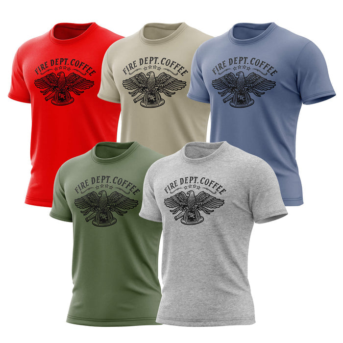 Five t-shirts in red, sand, blue, green, and gray with a US eagle design and 'Fire Dept. Coffee' text.