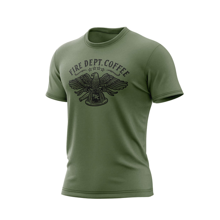 A military green color t-shirt with US eagle graphic and 'Fire Dept. Coffee' text on a white background.