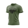 A military green color t-shirt with US eagle graphic and 'Fire Dept. Coffee' text on a white background.