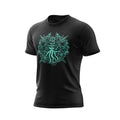 A black Fire Dept. Coffee T-shirt displayed on a white background, featuring a large teal Shellback-inspired graphic with an FDC logo and octopus design on the front