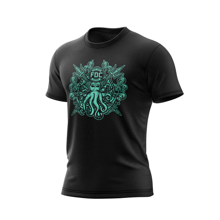 A black Fire Dept. Coffee T-shirt displayed on a white background, featuring a large teal Shellback-inspired graphic with an FDC logo and octopus design on the front