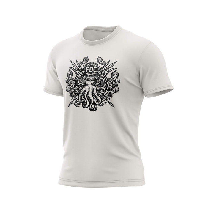 A vintage white Fire Dept. Coffee T-shirt displayed on a white background, featuring a large black Shellback-inspired graphic with an FDC logo and octopus design on the front.