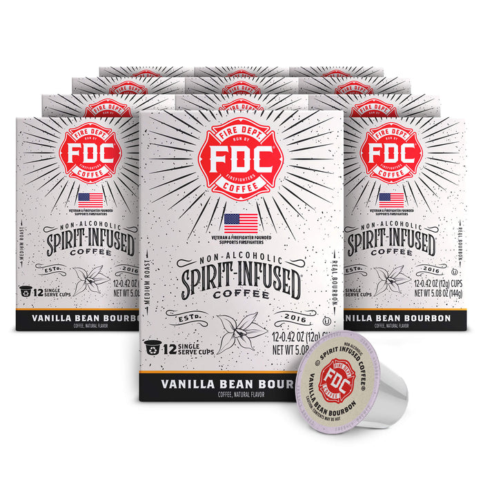 FDC Vanilla Bean Bourbon coffee packaging with a single pod on a white background