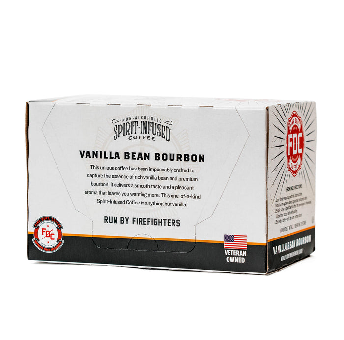A 12 count box of Fire Department Coffee's Vanilla Bean Bourbon Infused Coffee Pods