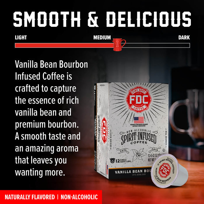 A coffee product advertisement showing a box of FDC Vanilla Bean Bourbon Infused Coffee and a single capsule on a wooden surface, with a coffee mug in the background and a dark gradient backdrop. Large text reads 'SMOOTH & DELICIOUS' with a light-to-dark coffee strength slider and descriptive copy.