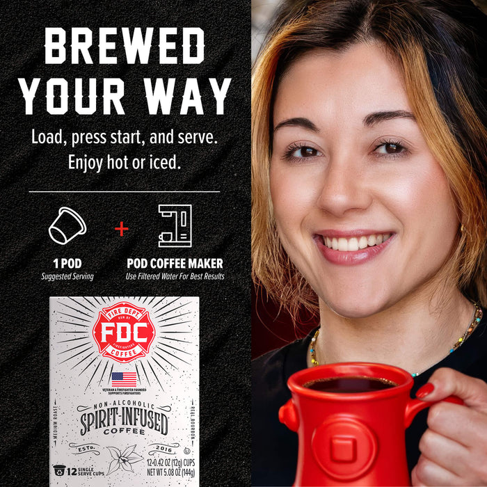 Promotional graphic for FDC Brewing Company's Spirit Infused Coffee, showing a smiling woman holding a red coffee mug on the right, and product features on a black background on the left including the text 'BREWED YOUR WAY' and a package image of the coffee pods.
