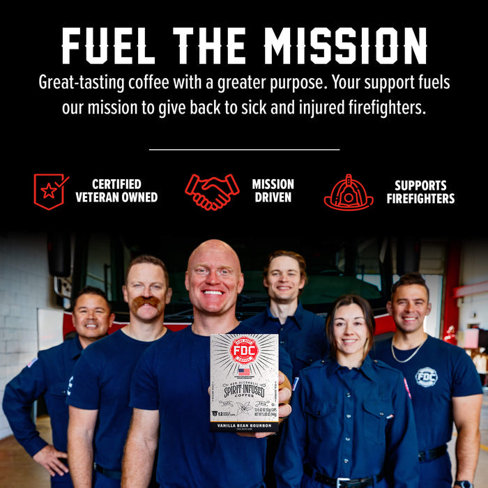 A group of smiling firefighters in navy uniforms hold a box of FDC Vanilla Bean Coffee in a garage setting. The top of the image features a black banner with white text reading 'FUEL THE MISSION' and red icons for 'CERTIFIED VETERAN OWNED', 'MISSION DRIVEN', and 'SUPPORTS FIREFIGHTERS'.