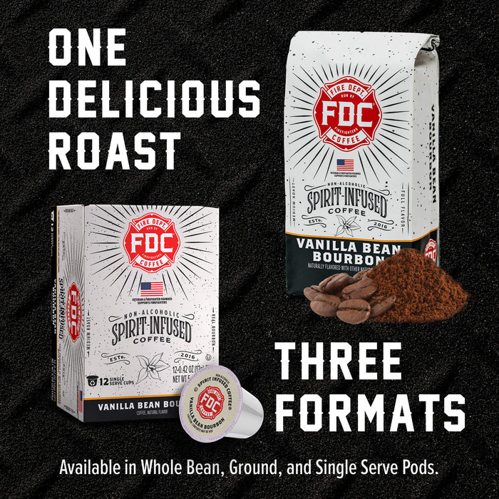 FDC Coffee Company Vanilla Bean Bourbon coffee shown in three formats: a whole bean bag, a ground coffee bag with coffee beans and powder, and a single-serve pod. Large white text reads 'ONE DELICIOUS ROAST' and 'THREE FORMATS' on a dark textured background.