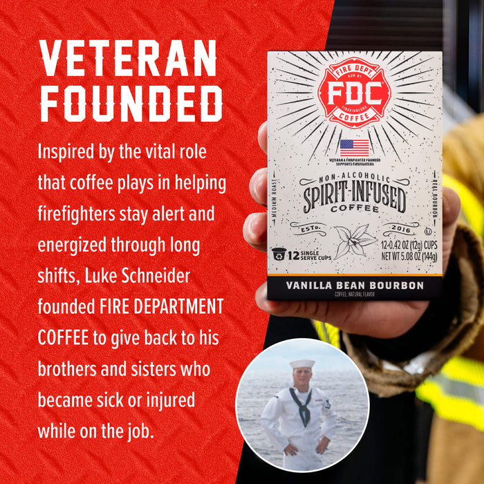 A hand holds a box of FOC Fire Department Coffee against a red promotional background with white text reading 'VETERAN FOUNDED' and a circular inset photo of the founder in a sailor uniform.