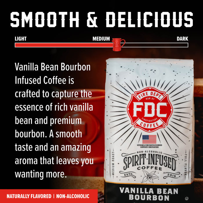 A bag of FDC Vanilla Bean Bourbon coffee shown on a dark promotional graphic with text describing the flavor as smooth and delicious, plus a light-to-dark roast slider.