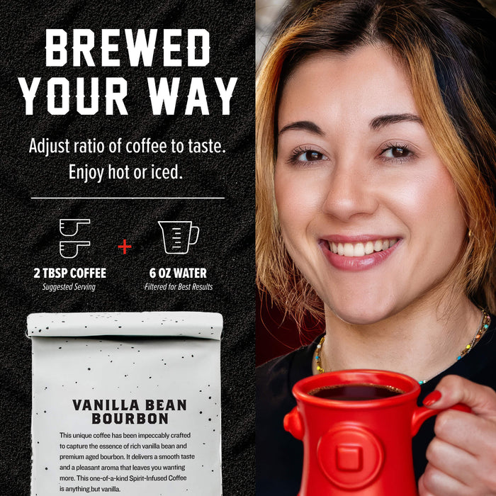 Promotional graphic for a coffee product with a smiling woman holding a red mug on the right, and text on the left explaining how to adjust the coffee-to-water ratio. A vanilla bean bourbon coffee bag is shown at the bottom against a dark background.