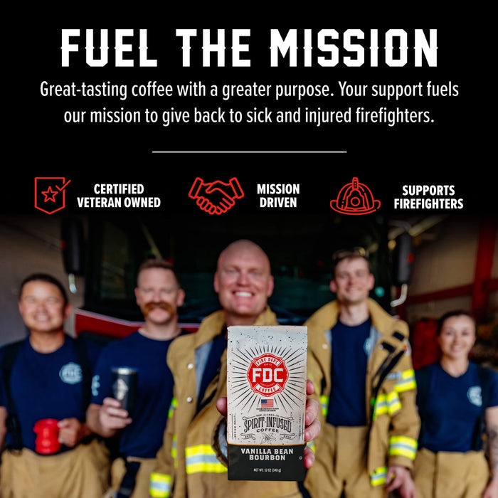 A promotional graphic for FDC Fire Department coffee featuring a group of firefighters in turnout gear holding mugs and a coffee package in the center. The top text reads 'FUEL THE MISSION' with supporting text about veteran ownership and mission-driven support for firefighters.