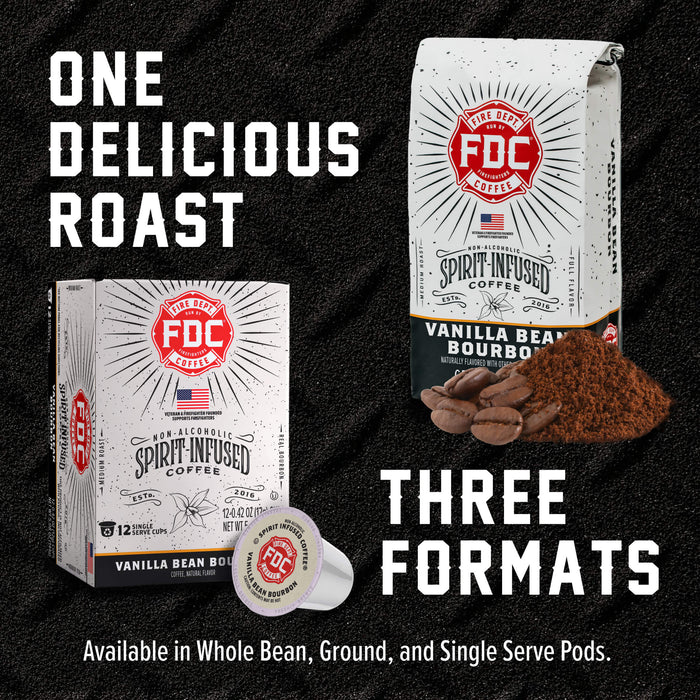FDC Coffee Company Spirit Infused Coffee advertisement showing three formats: a whole bean bag, a ground coffee pouch with coffee beans and powder, and a single serve pod. The text reads 'ONE DELICIOUS ROAST' and 'THREE FORMATS' on a black textured background.