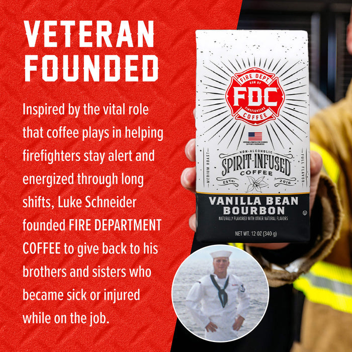 A hand holds a bag of FDC Spirit Infused Coffee, Vanilla Bean Bourbon, against a split red and dark background with large white text reading 'VETERAN FOUNDED' and a circular inset photo of a man in firefighting gear. The product bag is white with a red circular FDC logo and black lower section.