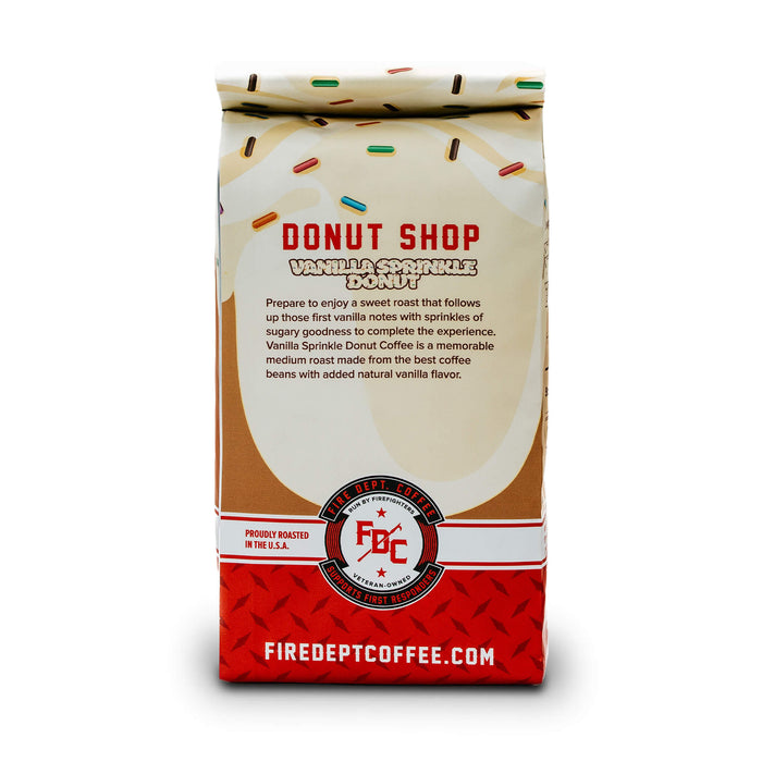 Fire Dept. Coffee's 12 ounce Vanilla Sprinkle Donut Shop Coffee in a rectangular package
