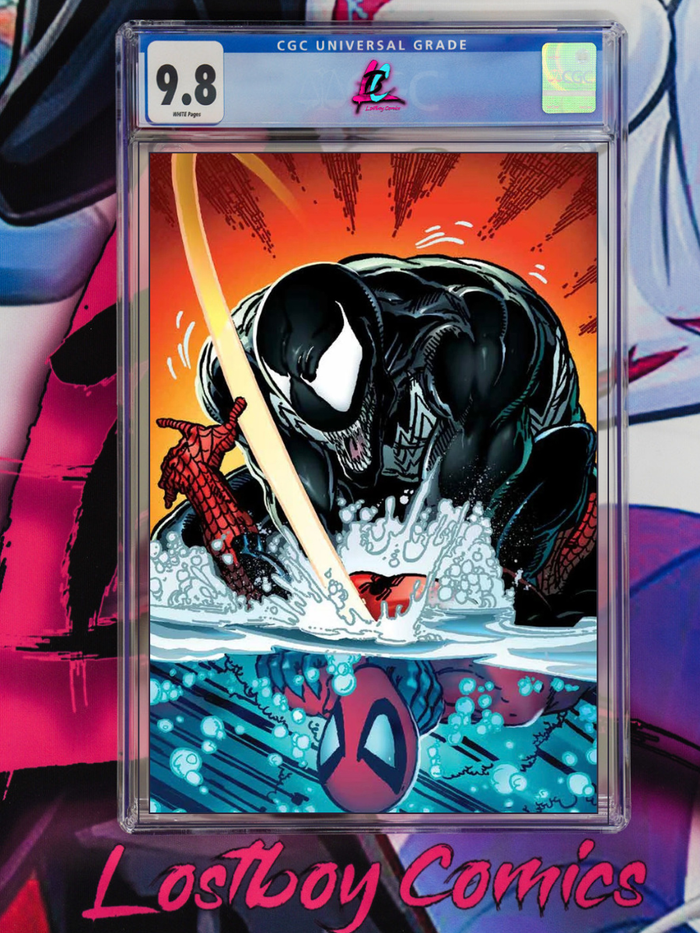 Comic book cover of a superhero and Venom in a dynamic pose with water and splash effects, framed by 'Lostboy Comics' branding.