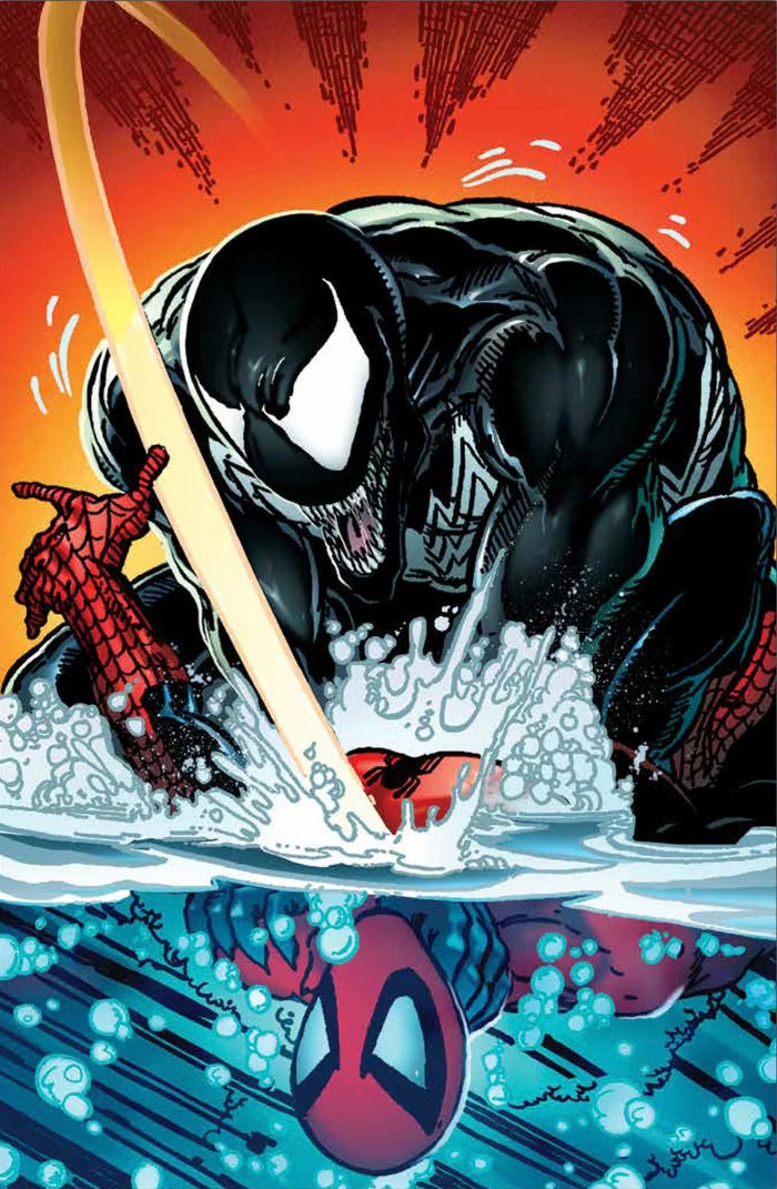 Comic book style illustration of a superhero and Venom in a dynamic pose with water and splash effects.