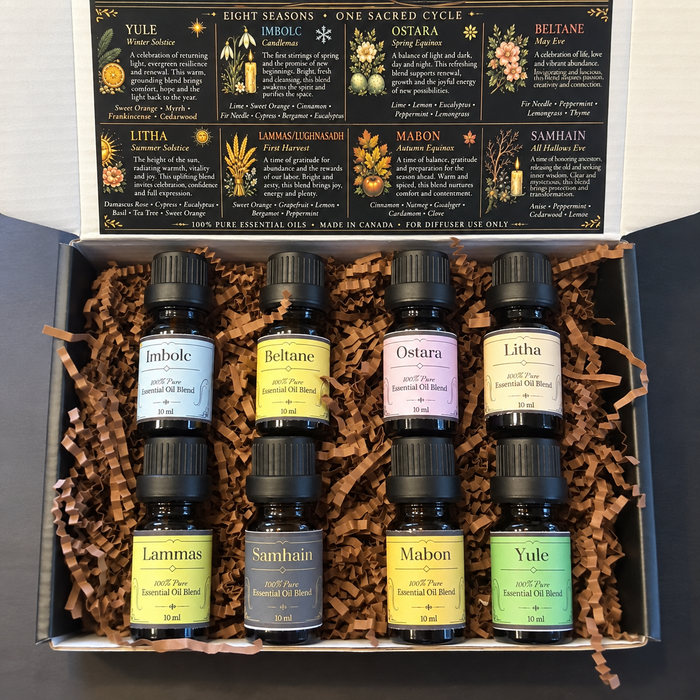 An open box of essential oil blends filled with brown crinkle paper, showing eight small labeled bottles arranged in two rows. The inside lid displays seasonal and cyclical labels for Yule, Mabon, Ostara, Lammas, Samhain, Beltane, Litha, and Imbole.