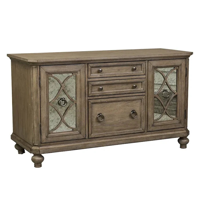 White Brown Heathered Taupe Credenza with Mirrored Doors and Brass Hardware