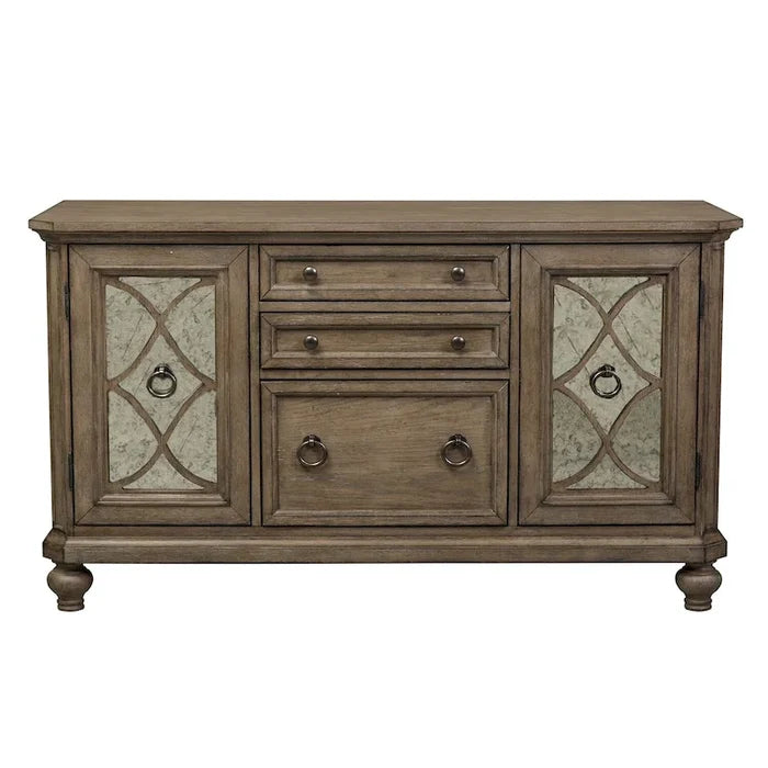 White Brown Heathered Taupe Credenza with Mirrored Doors and Brass Hardware