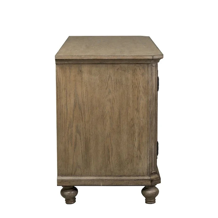 White Brown Heathered Taupe Credenza with Mirrored Doors and Brass Hardware