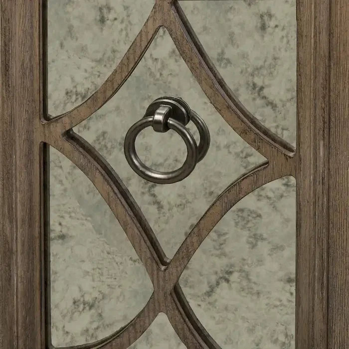 White Brown Heathered Taupe Credenza with Mirrored Doors and Brass Hardware