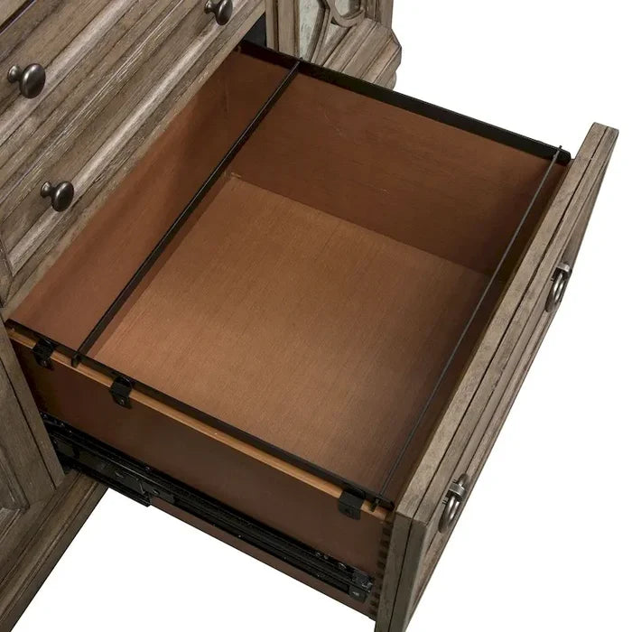 White Brown Heathered Taupe Credenza with Mirrored Doors and Brass Hardware