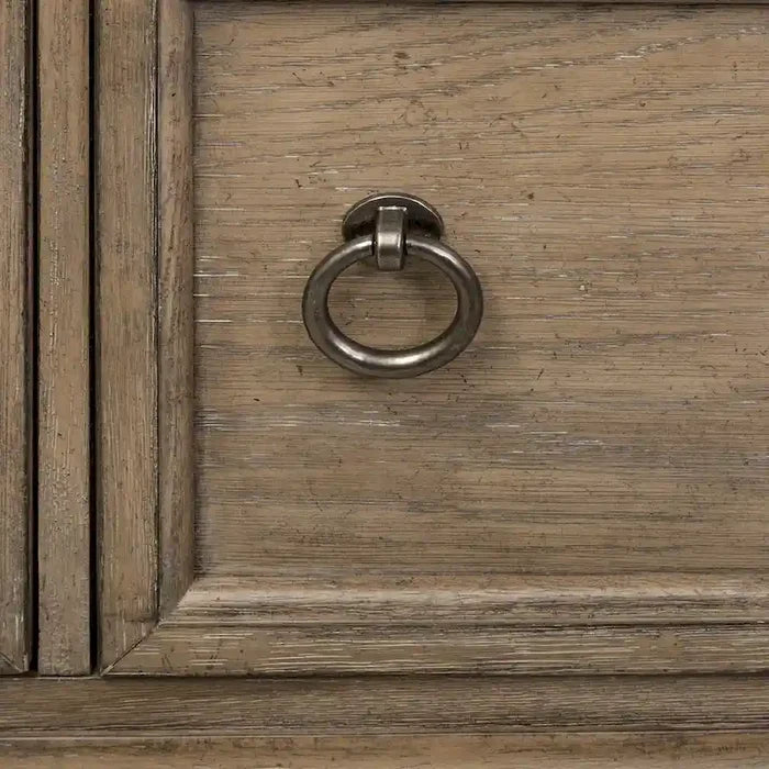 White Brown Heathered Taupe Credenza with Mirrored Doors and Brass Hardware