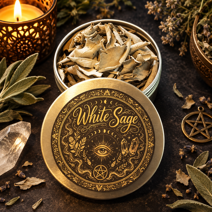 A round metal tin of dried white sage with its lid placed in front, decorated with an ornate gold-toned eye and pentagram design labeled 'White Sage.' The tin is styled on a dark surface with dried leaves, a lit candle, crystals, and a small pentacle charm.