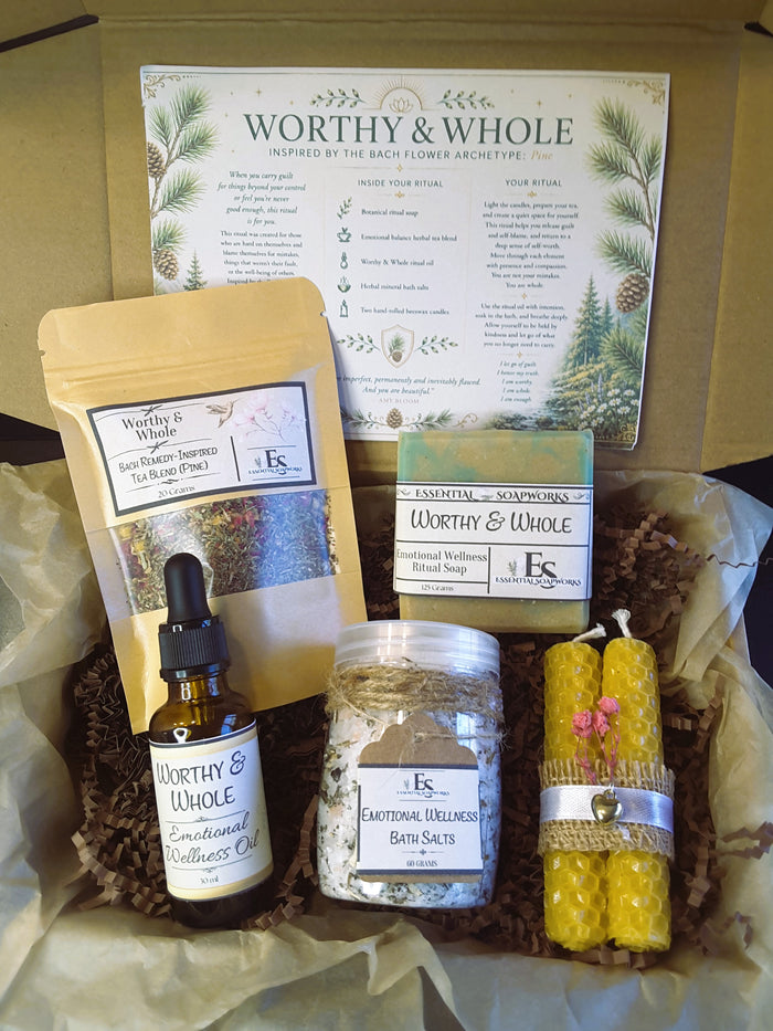 Worthy & Whole Emotional Balance Ritual Kit with tea, essential oil blend, soap, bath salts and candles in a box