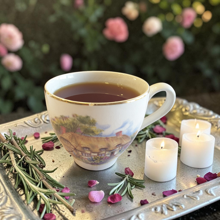 Divine masculine tea on a tray with candles and rosemary, floral background