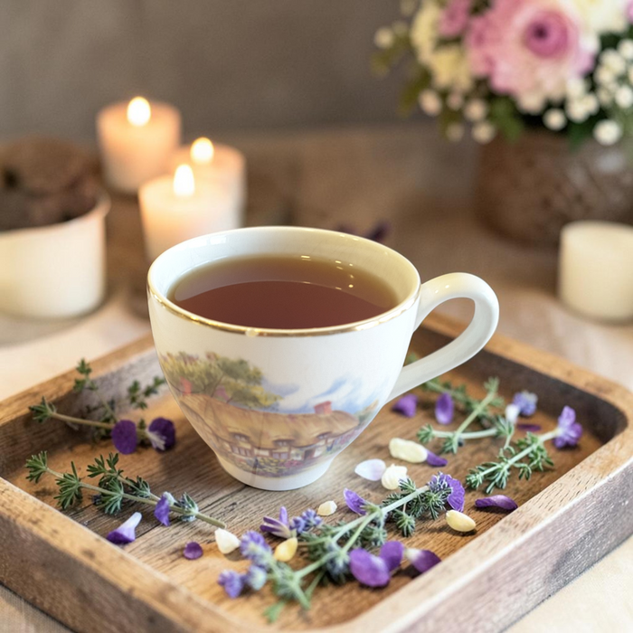 Sacred Feminine tea on a wooden tray with flowers and candles in the background