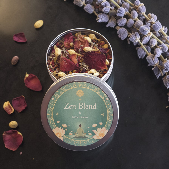 Zen Blend incense with dried flowers and lavender on a dark surface