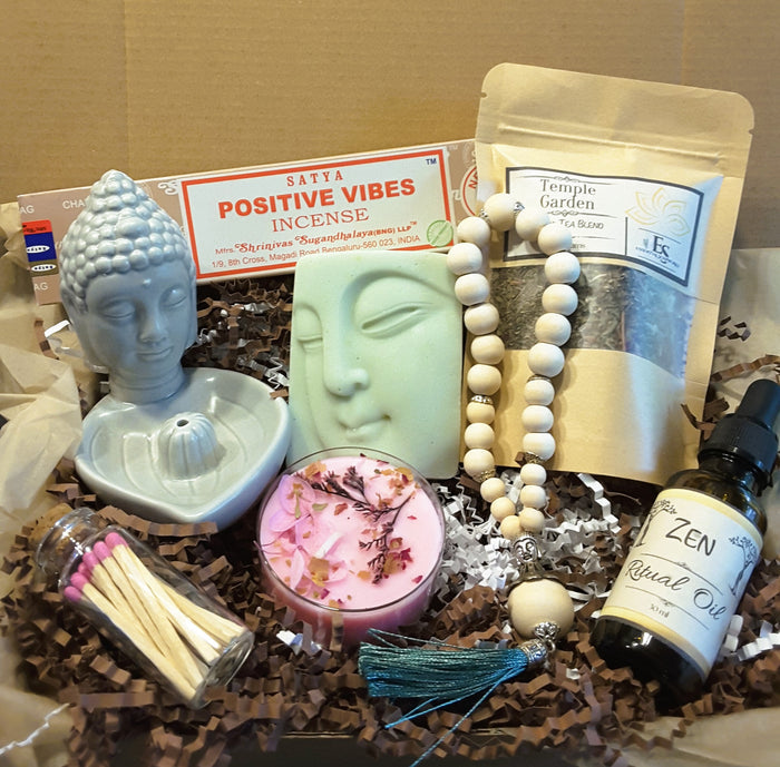 Zen Meditation Ritual Kit with soap, tea, ritual oil, candle, incense and mala beads