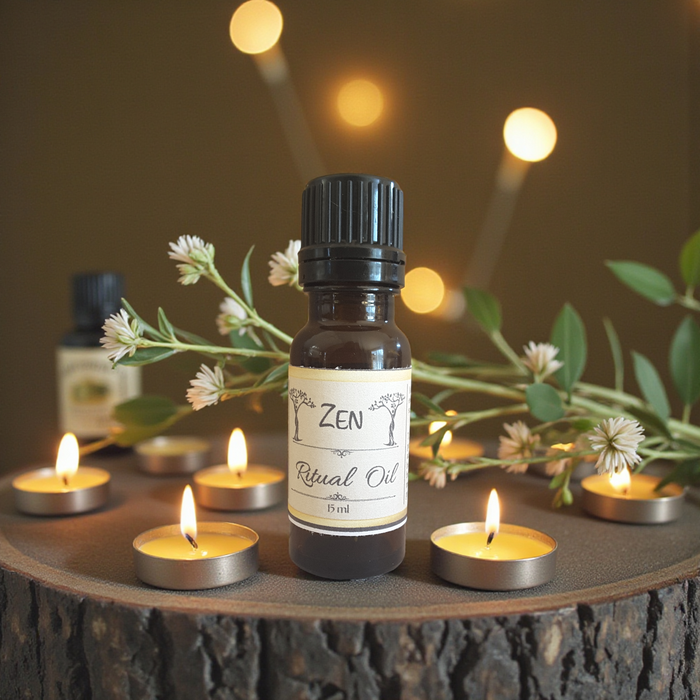 Bottle of 'Zen Ritual Oil' surrounded by lit candles and greenery on a wooden surface.